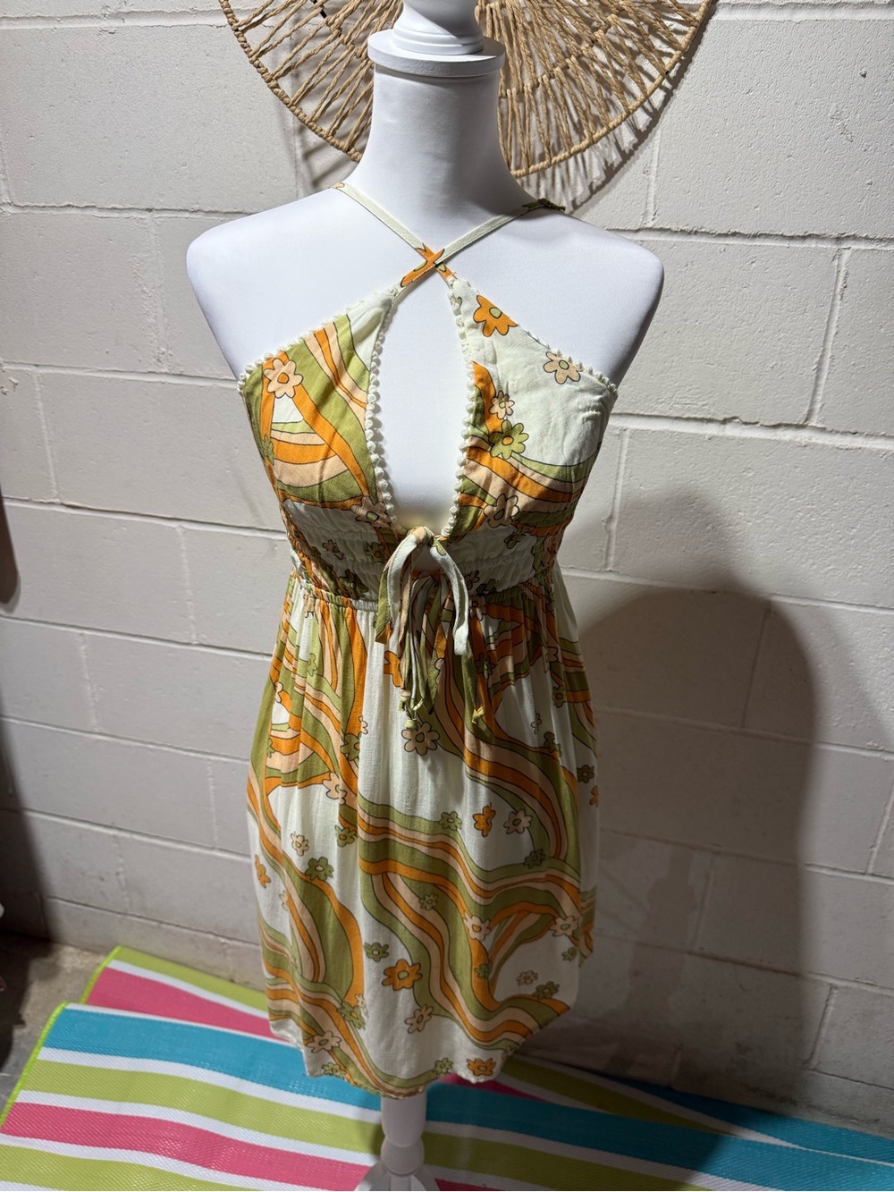 wild fable Cream Halter Mini Dress with Orange & Green Floral Print